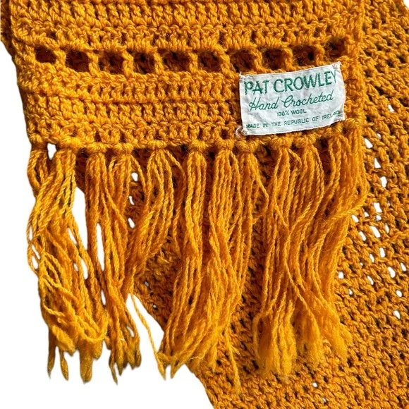 Vintage Pat Crowley Hand Crocheted 100% Wool Fringe Scarf Mustard Yellow Ireland
